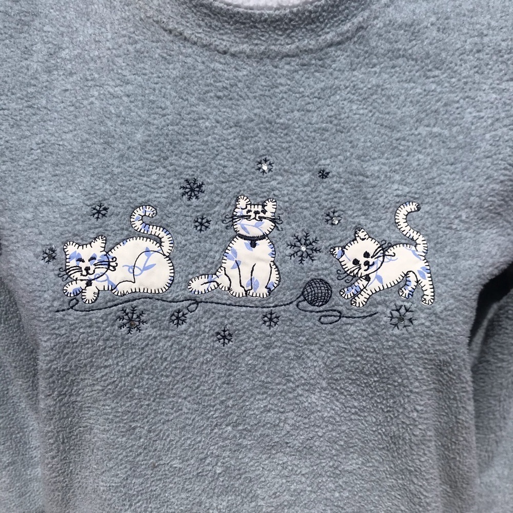 Vintage Cat Fleece Sweatshirt Embroidered Applique Gray Women's Petite S PS 1980